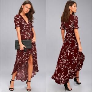 Lulus Wild Winds Burgundy Floral Print High-Low Maxi Long Wrap Dress M